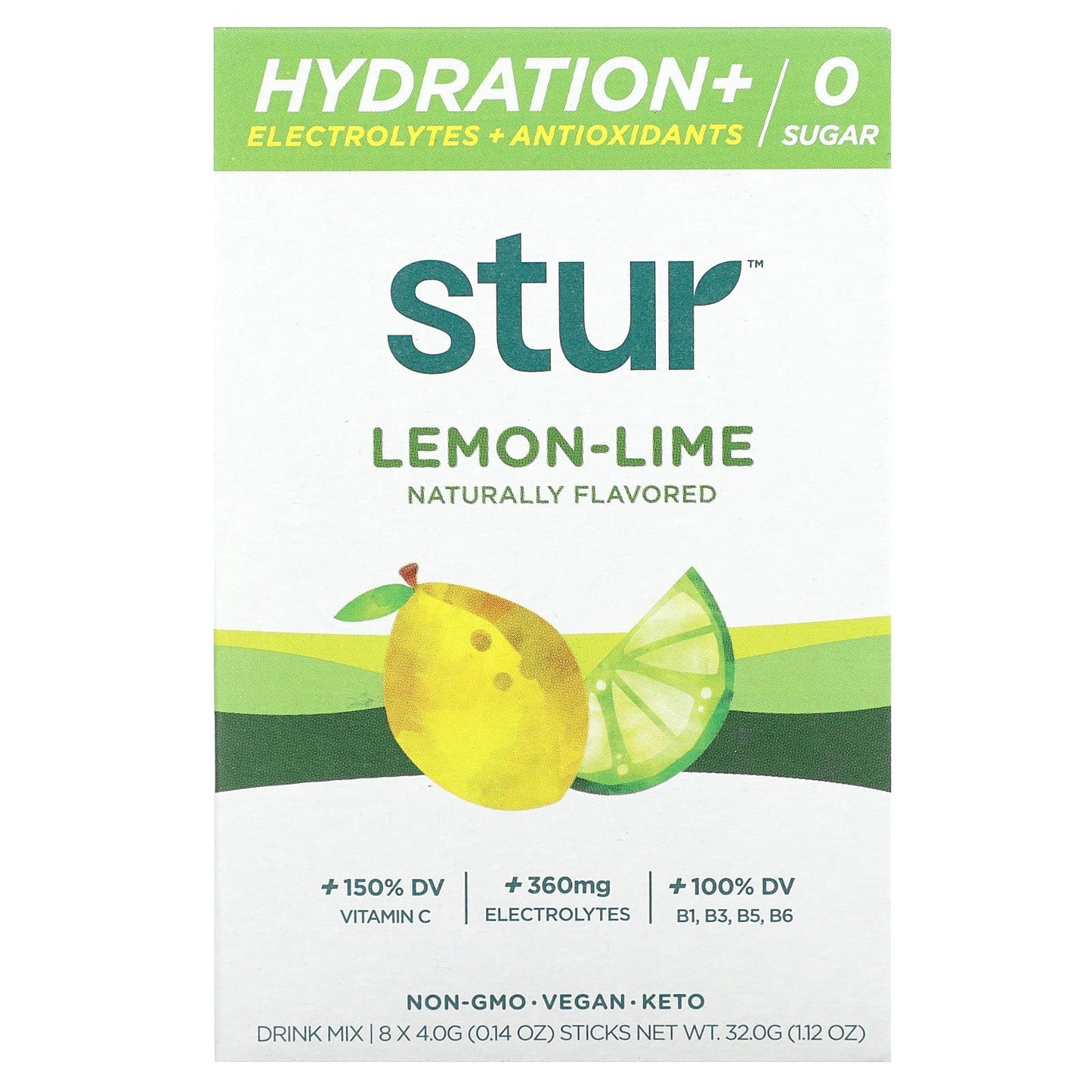 Stur
Hydration + Electrolytes + Antioxidants Drink Mix, Lemon-Lime, 8 Sticks, 0.14 oz (4 g) Each