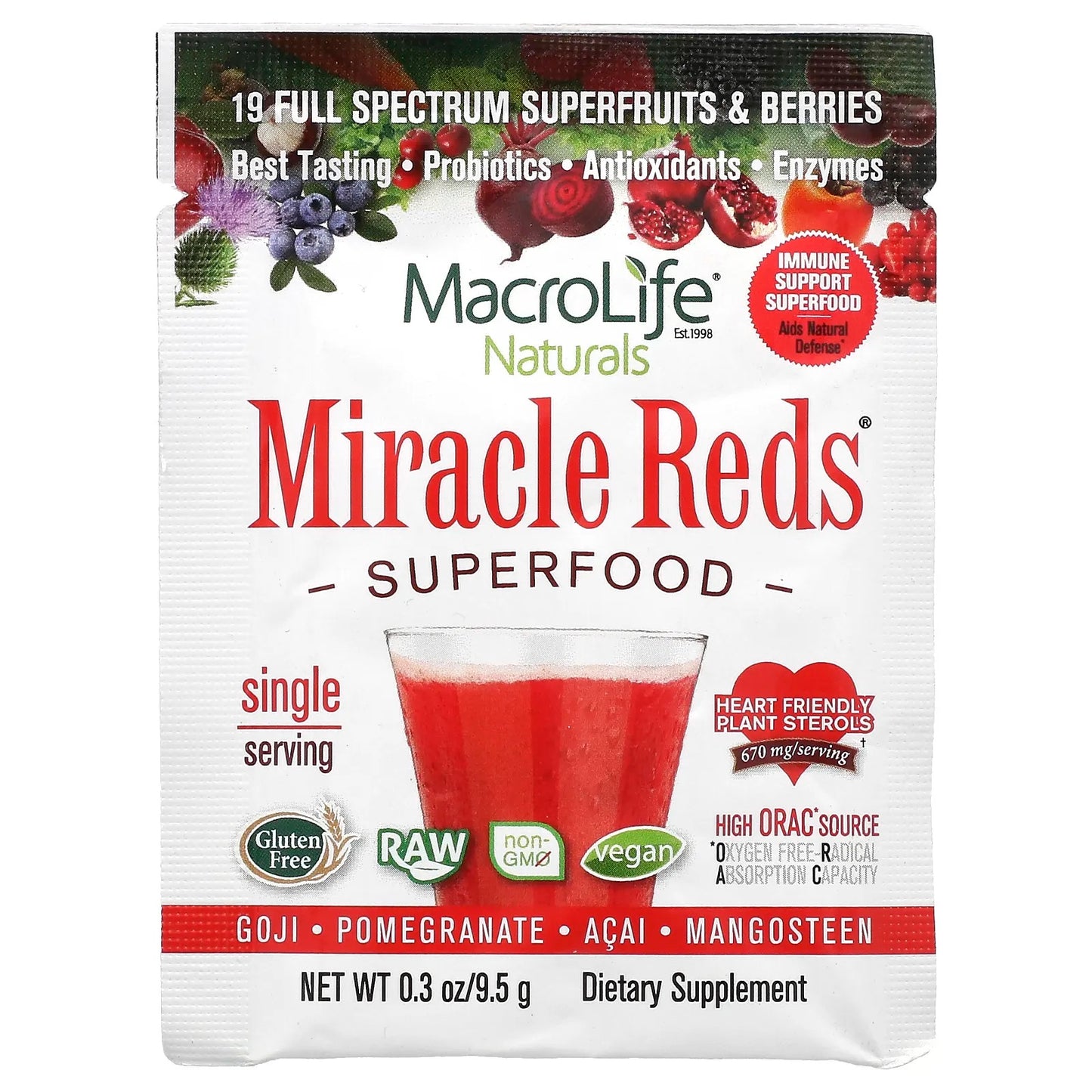 Macrolife Naturals
Miracle Reds, Superfood, Goji, Pomegranate, Acai, Mangosteen, 0.3 oz (9.5 g)