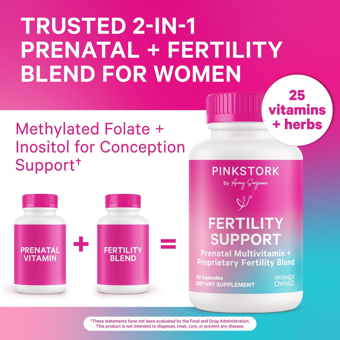 Pink Stork Fertility Supplements for Women - Prenatal Multivitamin with Ovulation, Conception, & Hormone Balance Support - 17 Vitamins & Inositol, Ashwagandha, & Vitex - 60 Capsules