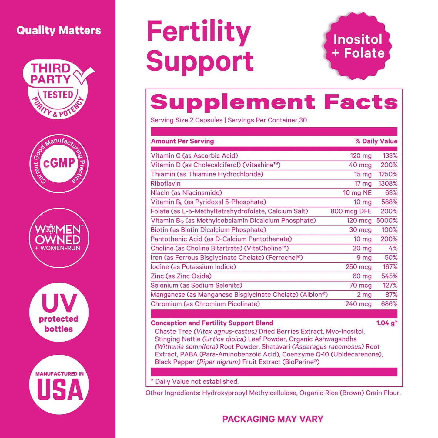 Pink Stork Fertility Supplements for Women - Prenatal Multivitamin with Ovulation, Conception, & Hormone Balance Support - 17 Vitamins & Inositol, Ashwagandha, & Vitex - 60 Capsules