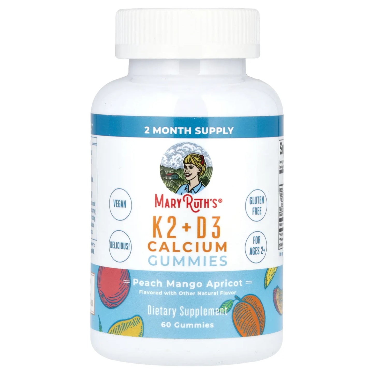 MaryRuth's
K2 + D3 Calcium Gummies, Peach, Mango and Apricot, 60 Gummies