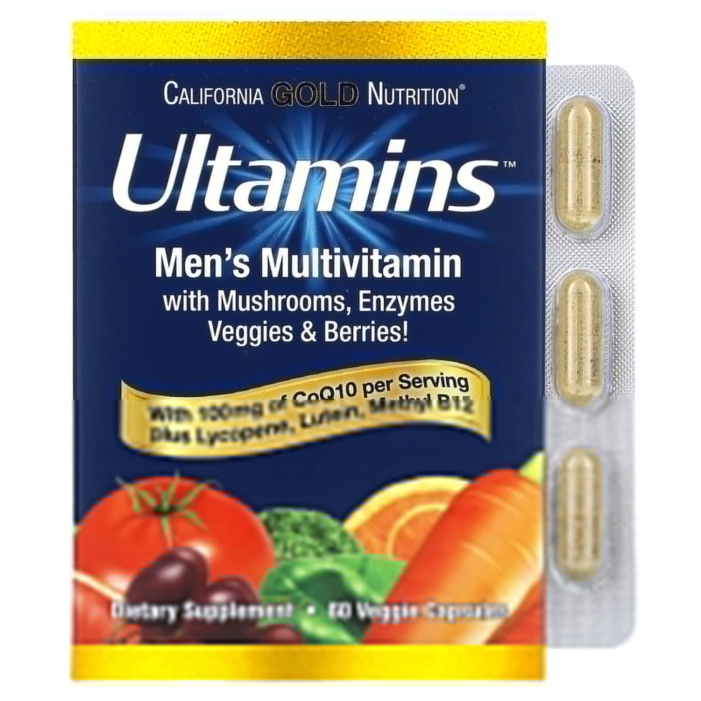 California Gold Nutrition
Ultamins Men's Multivitamin with CoQ10, Mushrooms, Enzymes, Veggies & Berries, 60 Veggie Capsules