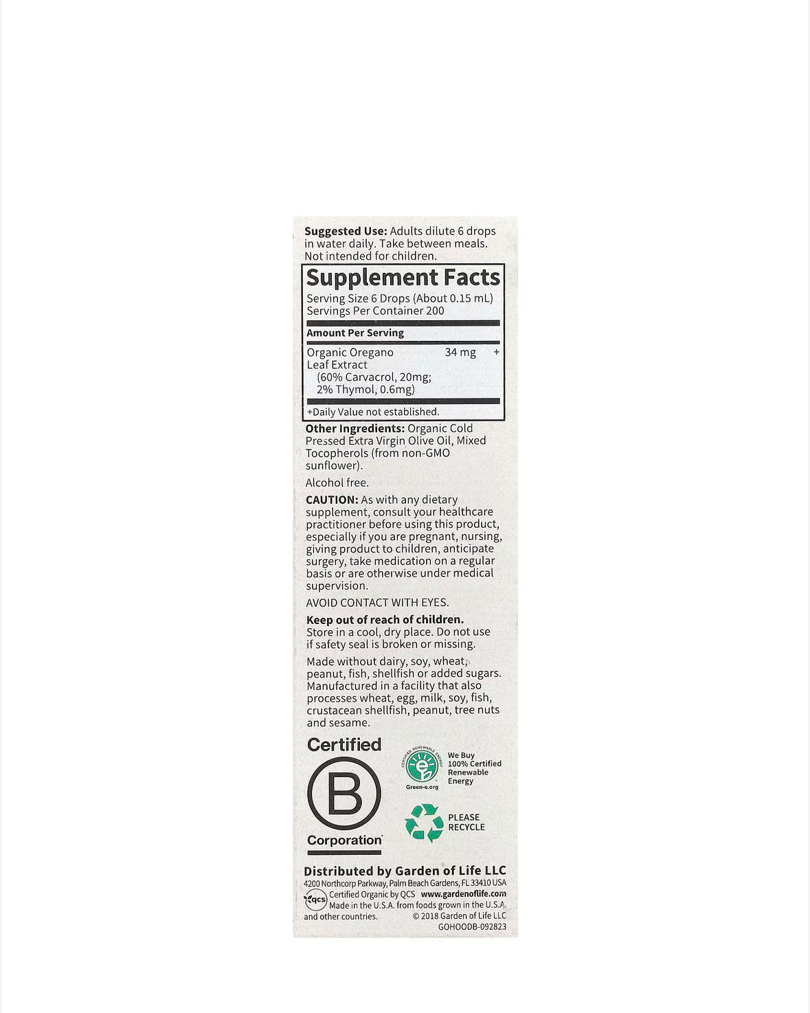 GARDEN OF LIFE ORGANIC OIL OF OREGANO, 30ML