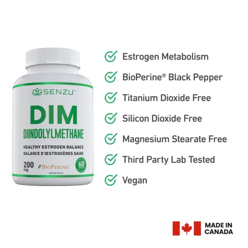 DIM Supplement (200mg) – Estrogen Balance & Metabolism, Menopause, Bloating, Acne, & PMS Relief for Women | Diindolylmethane Supplements by Senzu Health – 60 Pills