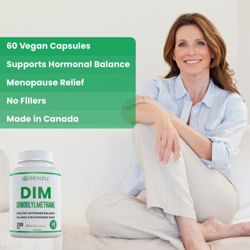 DIM Supplement (200mg) – Estrogen Balance & Metabolism, Menopause, Bloating, Acne, & PMS Relief for Women | Diindolylmethane Supplements by Senzu Health – 60 Pills