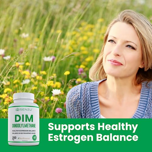 DIM Supplement (200mg) – Estrogen Balance & Metabolism, Menopause, Bloating, Acne, & PMS Relief for Women | Diindolylmethane Supplements by Senzu Health – 60 Pills