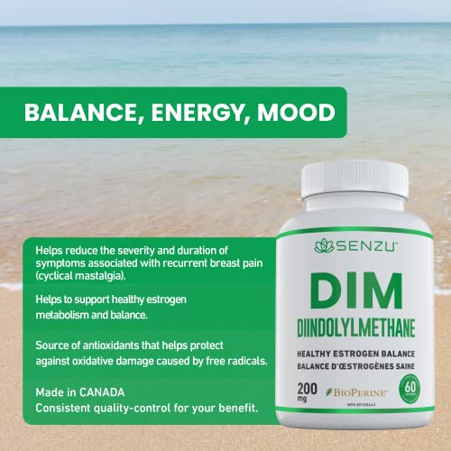 DIM Supplement (200mg) – Estrogen Balance & Metabolism, Menopause, Bloating, Acne, & PMS Relief for Women | Diindolylmethane Supplements by Senzu Health – 60 Pills