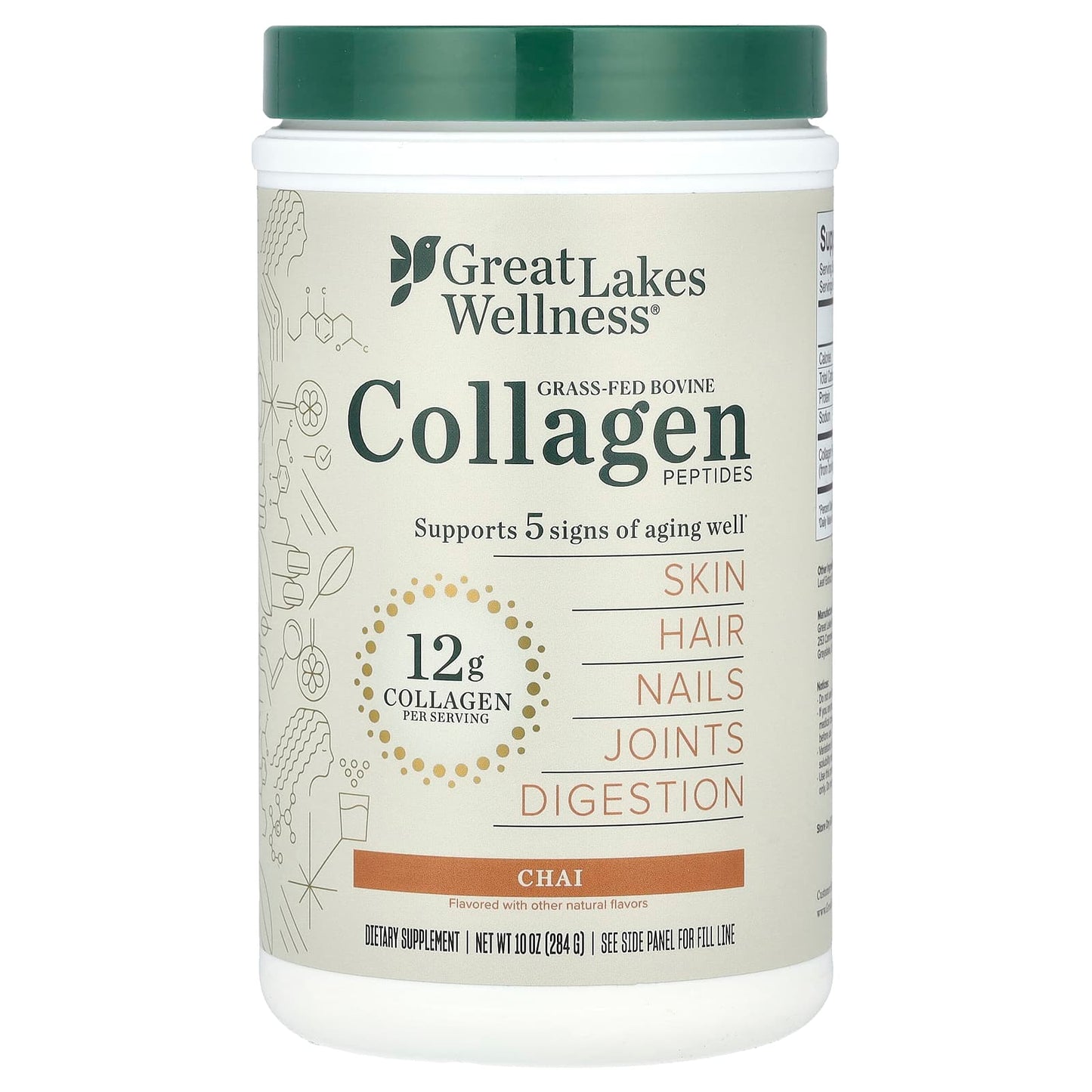 Great Lakes Wellness
Collagen Peptides, Grass-Fed Bovine, Chai, 10 oz (284 g)