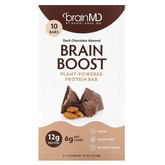 BrainMD
Brain Boost, Plant-Powered Protein Bar, Dark Chocolate Almond, 10 Bars, 1.5 oz (50 g) Each