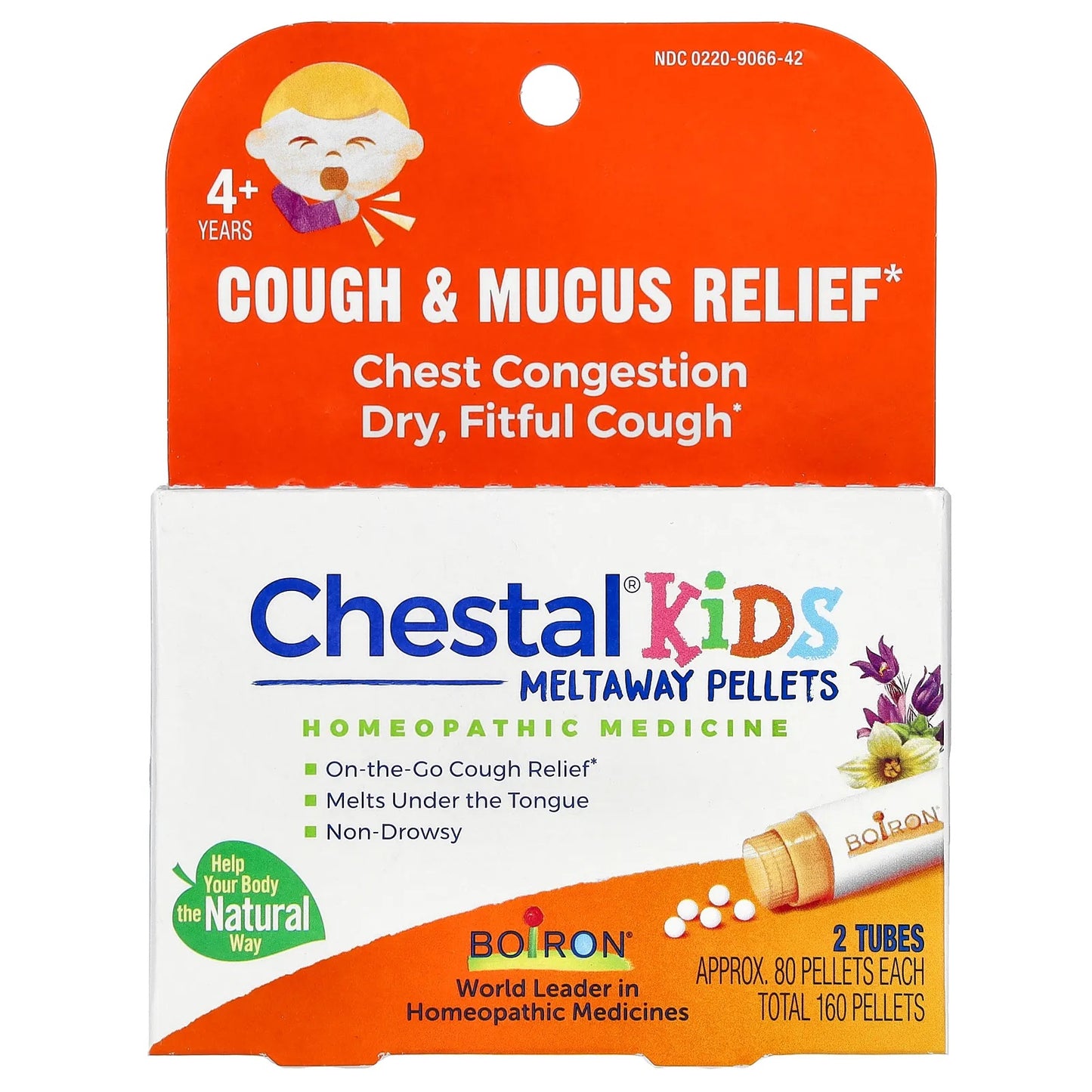 Boiron
Chestal Kids Meltaway Pellets, Cough & Mucus Relief, 4+ Years, 2 Tubes, Approx. 80 Pellets Each