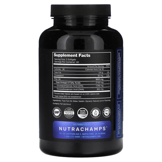 NutraChamps
Omega 3 Fish Oil, Natural Lemon, 180 Softgelsa