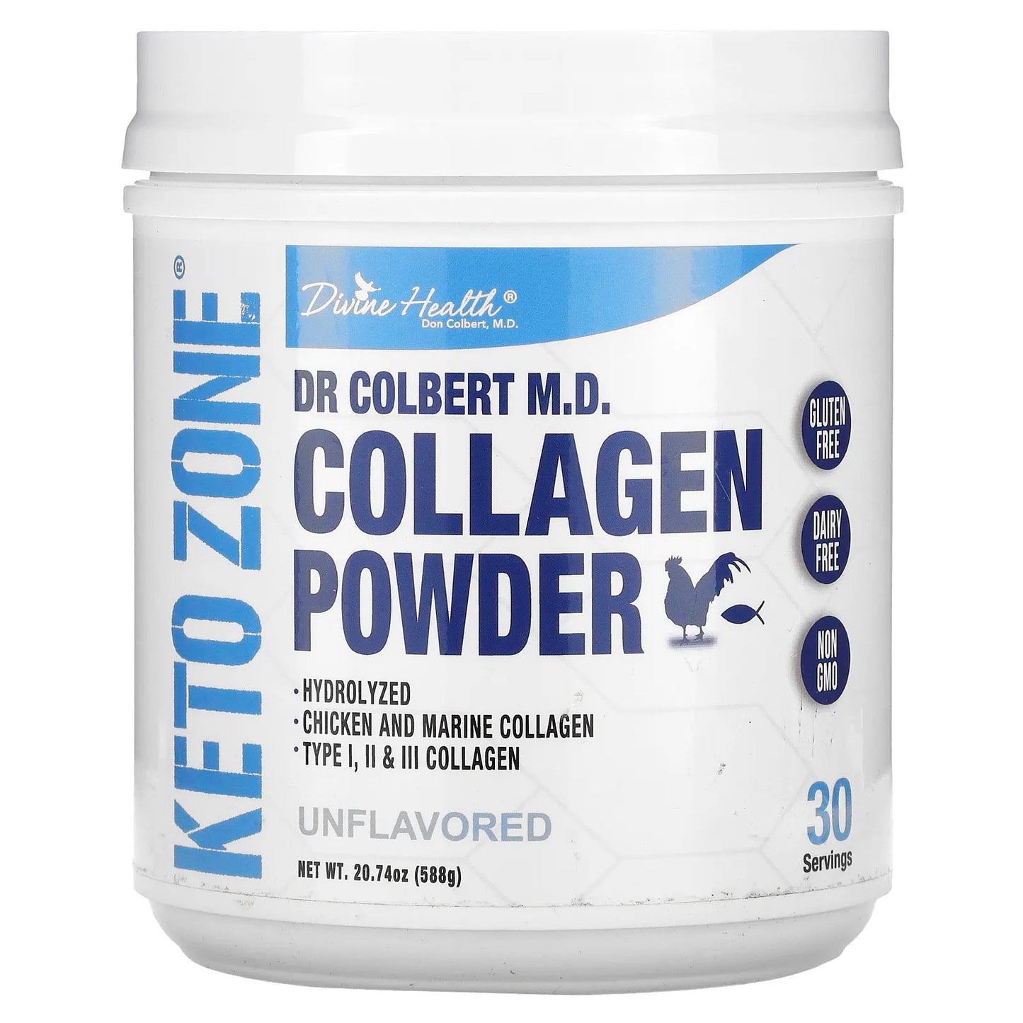 Divine Health
Dr. Colbert's Keto Zone, Collagen Powder, Unflavored, 20.74 oz (588 g)