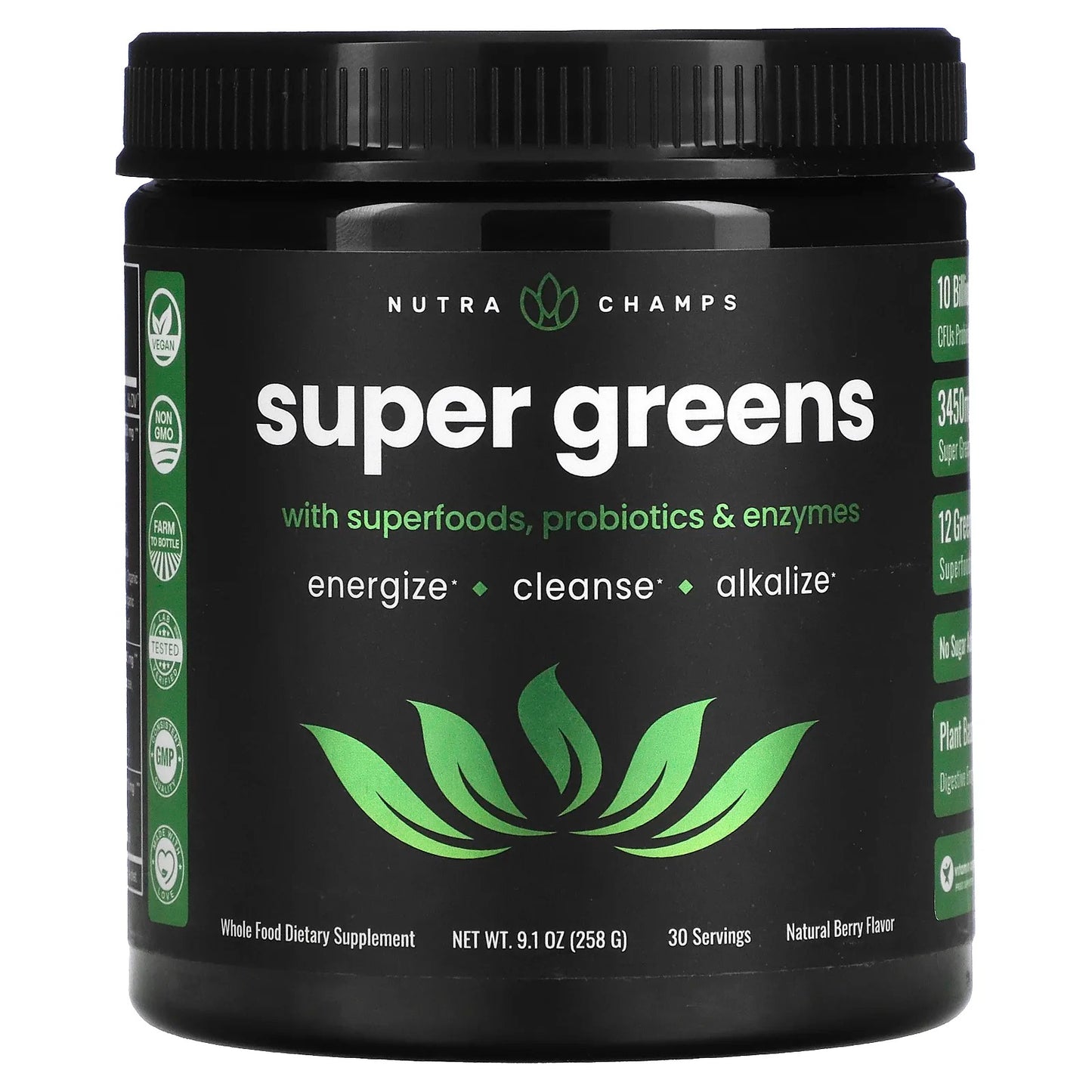 NutraChamps
Super Greens With Superfoods, Probiotics & Enzymes, Natural Berry, 9.1 oz (258 g)