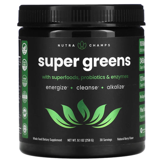 NutraChamps
Super Greens With Superfoods, Probiotics & Enzymes, Natural Berry, 9.1 oz (258 g)