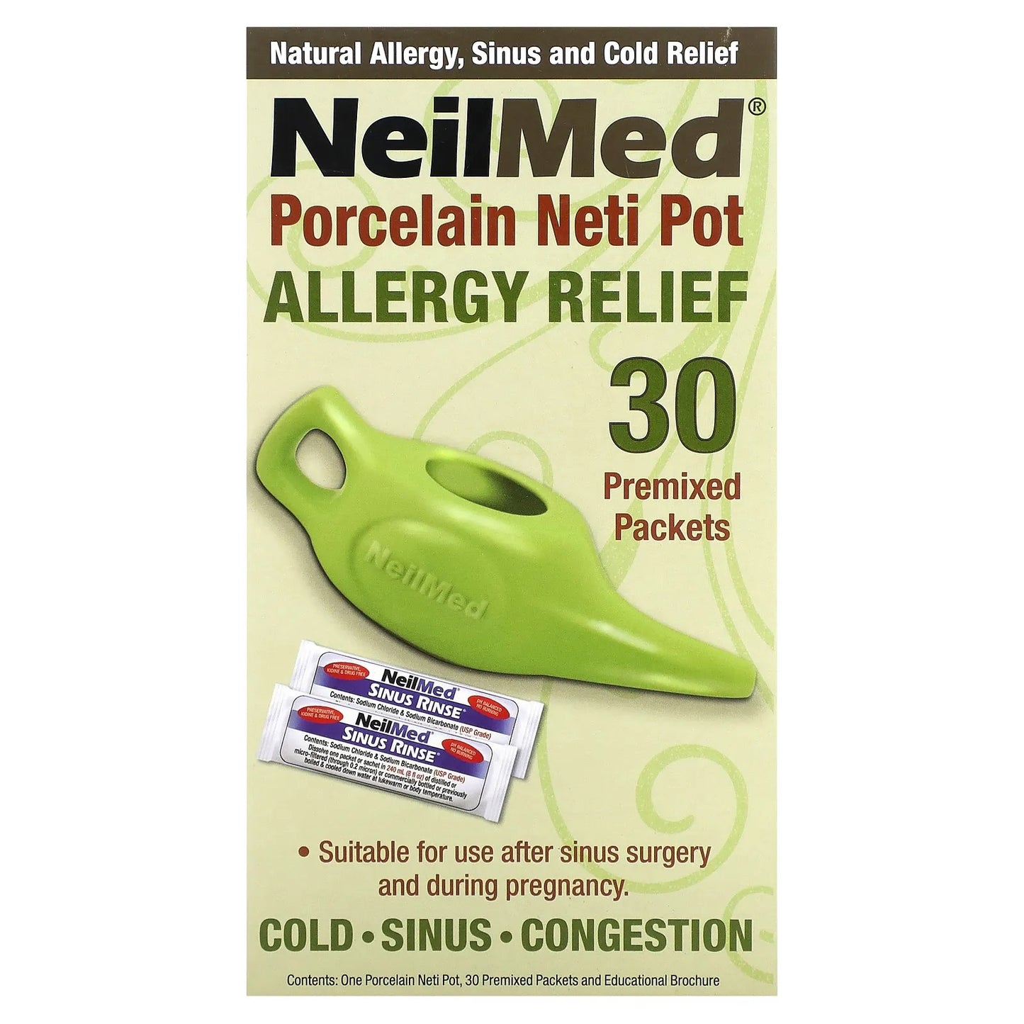 NeilMed
Porcelain Neti Pot, Allergy Relief, 1 Pot, 30 Premixed Packets