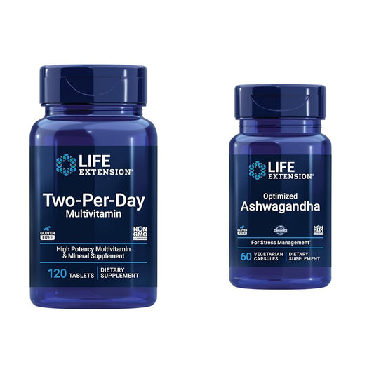 Life Extension Two-Per-Day 120 Tablet Multi-Vitamin & 60 Capsule Optimized Ashwagandha Stress Relief Supplement Bundle