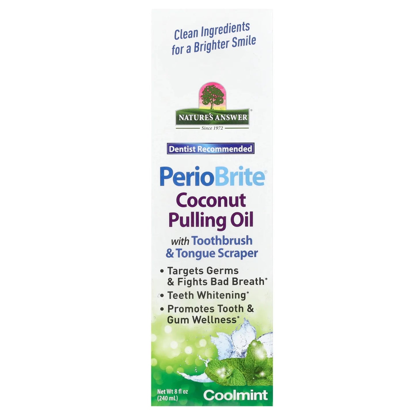 Nature's Answer
PerioBrite Coconut Pulling Oil with Toothbrush & Tongue Scraper, Coolmint, 8 fl oz (240 ml)