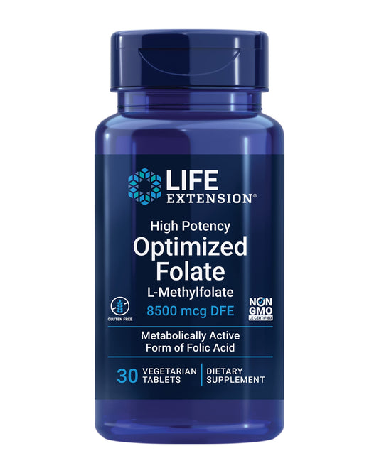 Life Extension High Potency Optimized Folate – L-methylfolate – Folic Acid, 8500 mcg DFE – Heart & Brain Support, Healthy Homocysteine Levels – Gluten-Free, Non-GMO, Vegetarian – 30 Tablets