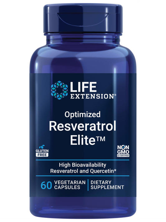 Life Extension Optimized Resveratrol Elite, Trans-resveratrol, quercetin, Healthy Aging, Heart Health, Brain Health, oxidative Stress, Gluten-Free, Non-GMO, Vegetarian, 60 Capsules