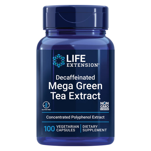 Life Extension Decaffeinated Mega Green Tea Extract – Polyphenol-Rich, Cell Health, Heart Health, Brain Health, Antioxidant Protection – Non-GMO, Gluten-Free, Vegetarian – 100 Capsules