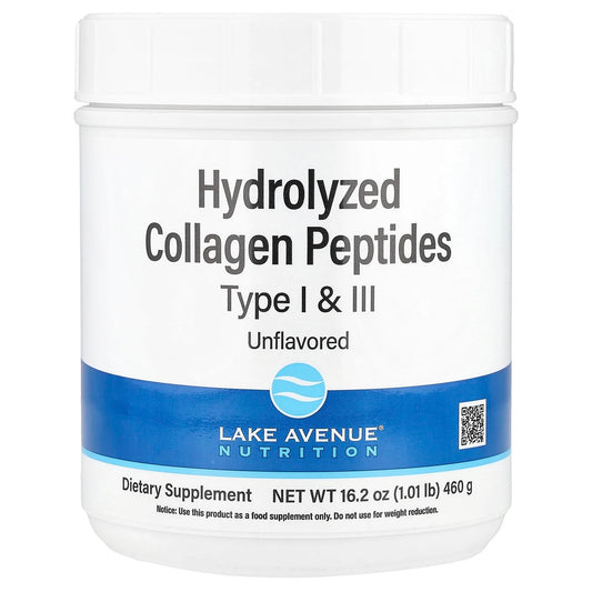 Lake Avenue Nutrition
Hydrolyzed Collagen Peptides, Type I & III, Unflavored, 1.01 lb (460 g)