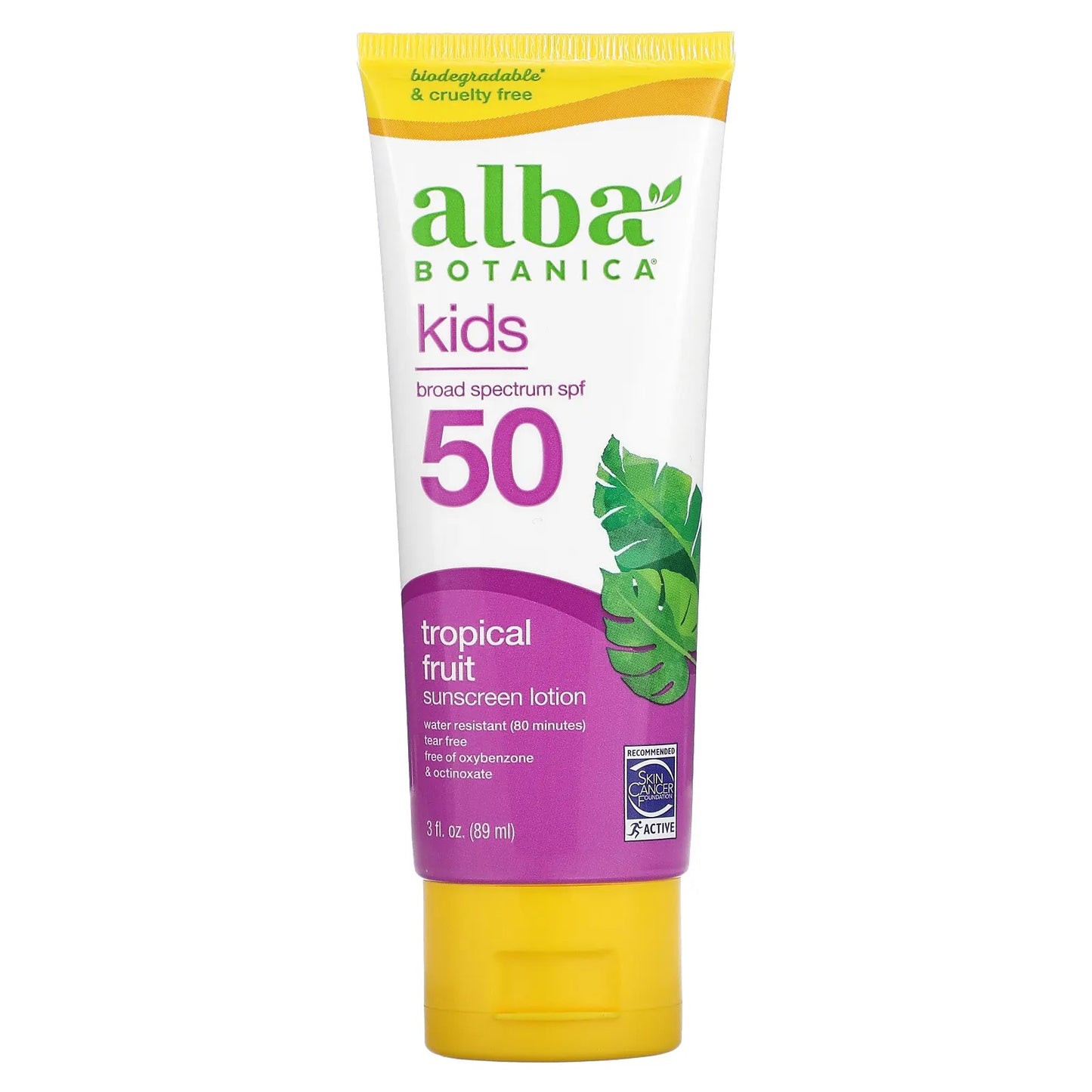 Alba Botanica
Kids Sunscreen Lotion, SPF 50, Tropical Fruit, 3 fl oz (89 ml)