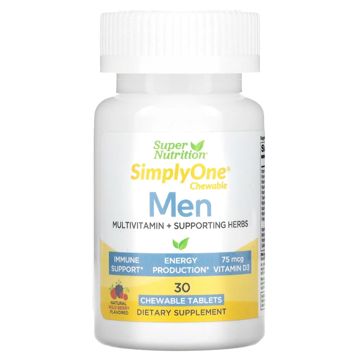 Super Nutrition
SimplyOne, Men’s Multivitamin + Supporting Herbs, Wild-Berry, 30 Chewable Tablets