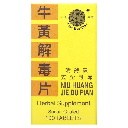 Tong Ren Tang
Niu Huang Jie Du Pian, Supports the Health of the Inner Ear, Mouth Teeth, and Throat, 100 Tablets