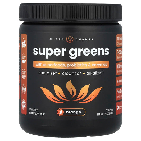 NutraChamps
Super Greens, With Superfoods, Probiotics & Enzymes, Mango, 9.31 oz (264 g)