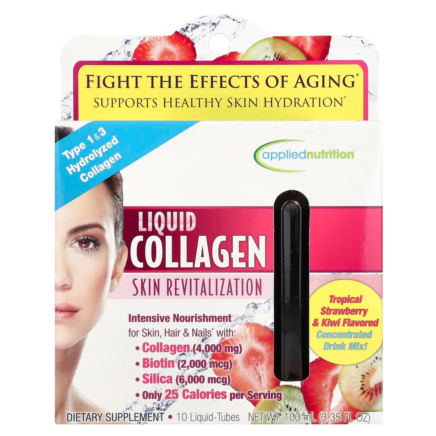 Applied Nutrition
Liquid Collagen, Skin Revitalization, Tropical Strawberry & Kiwi, 10 Liquid-Tubes, 3.35 fl oz (100 ml)