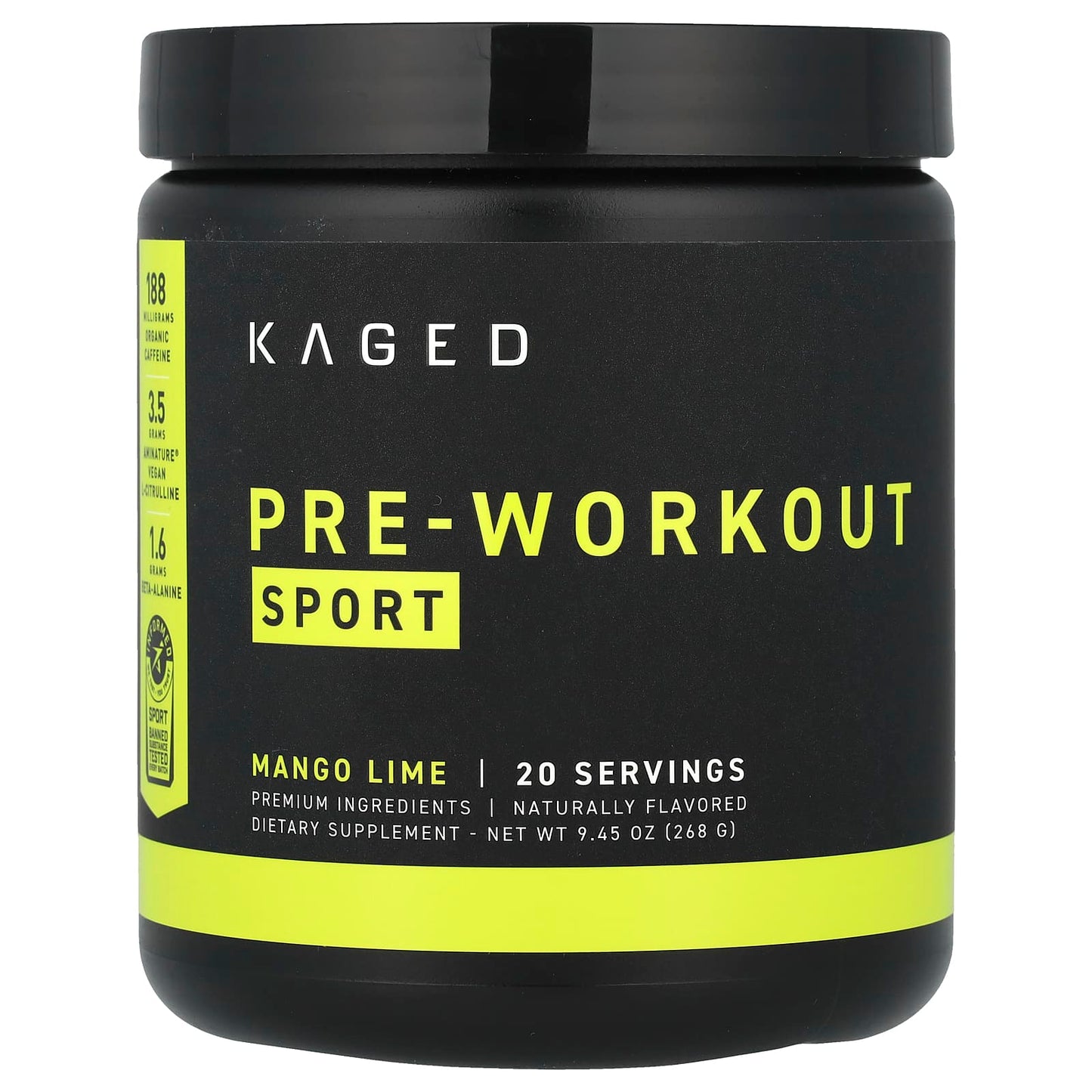 Kaged
Pre-Workout, Sport , Mango Lime, 9.45 oz (268 g)