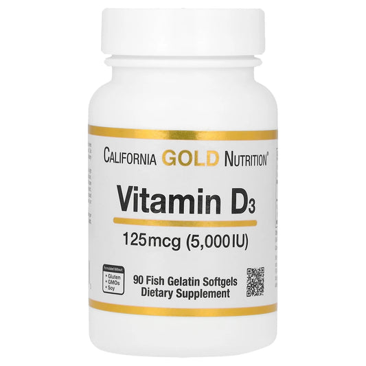 California Gold Nutrition
Vitamin D3, 125 mcg (5,000 IU), 90 Fish Gelatin Softgels