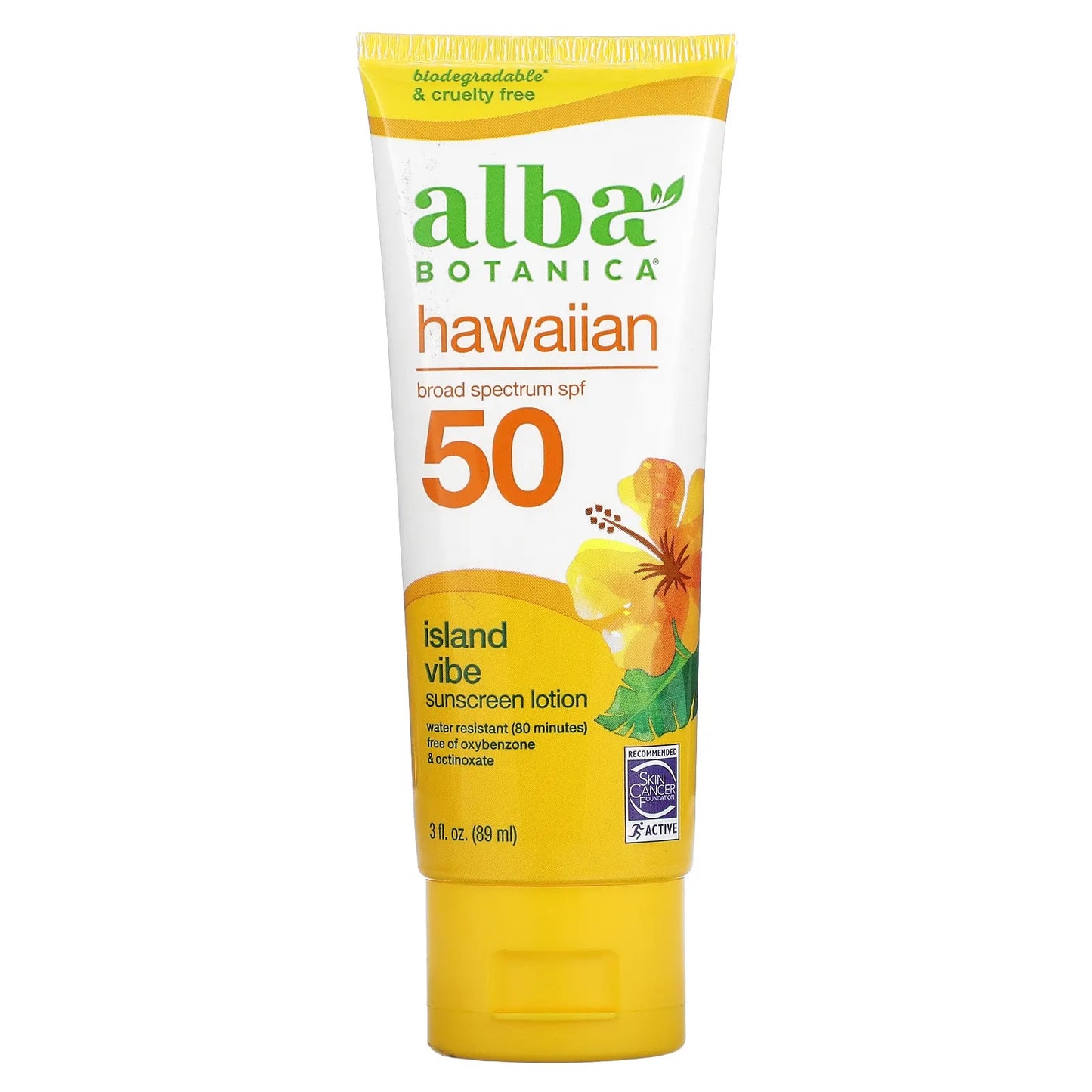 Alba Botanica
Hawaiian Sunscreen Lotion, SPF 50, Island Vibe, 3 fl oz (89 ml)