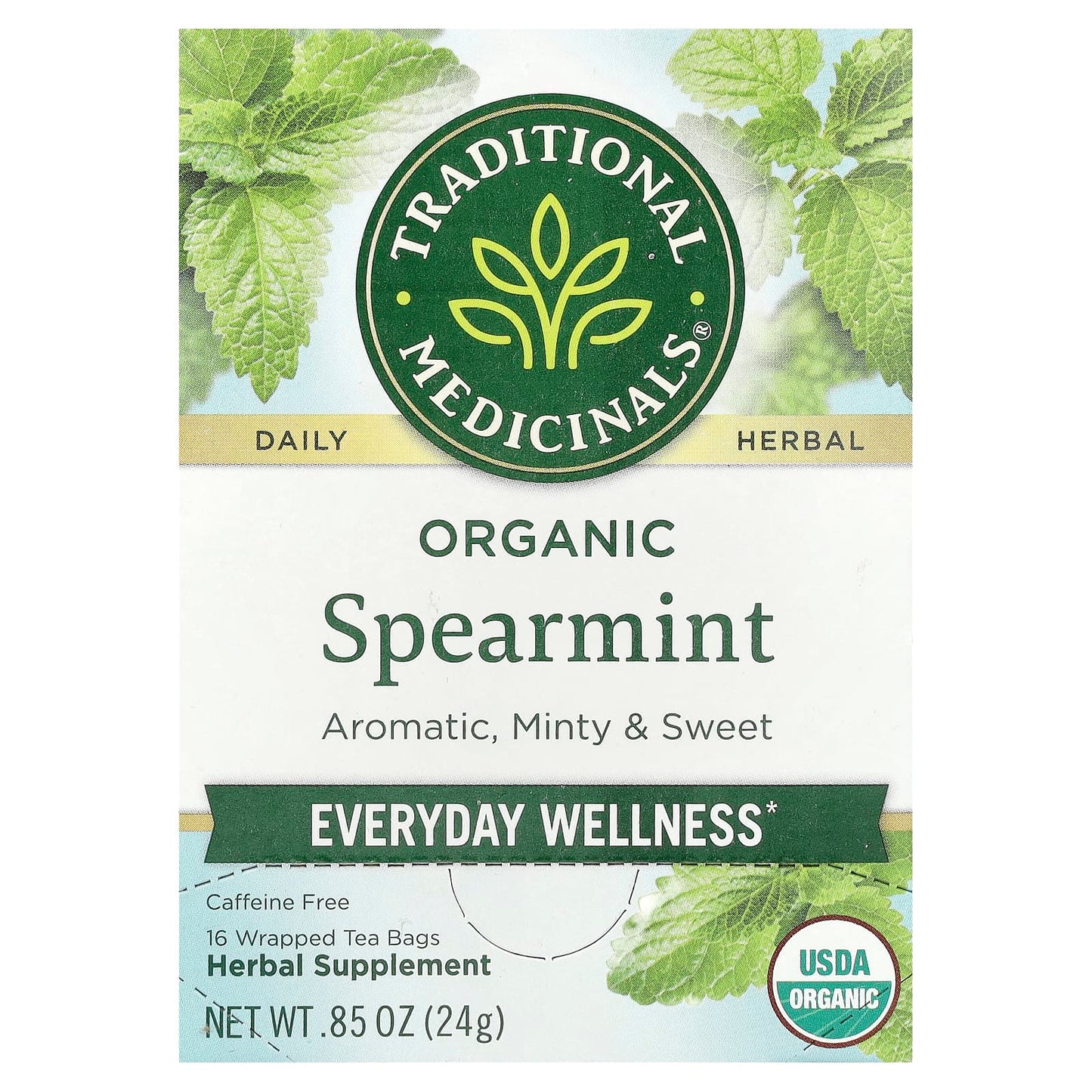 Traditional Medicinals
Organic Spearmint, Caffeine Free, 16 Wrapped Tea Bags, 0.85 oz (24 g)