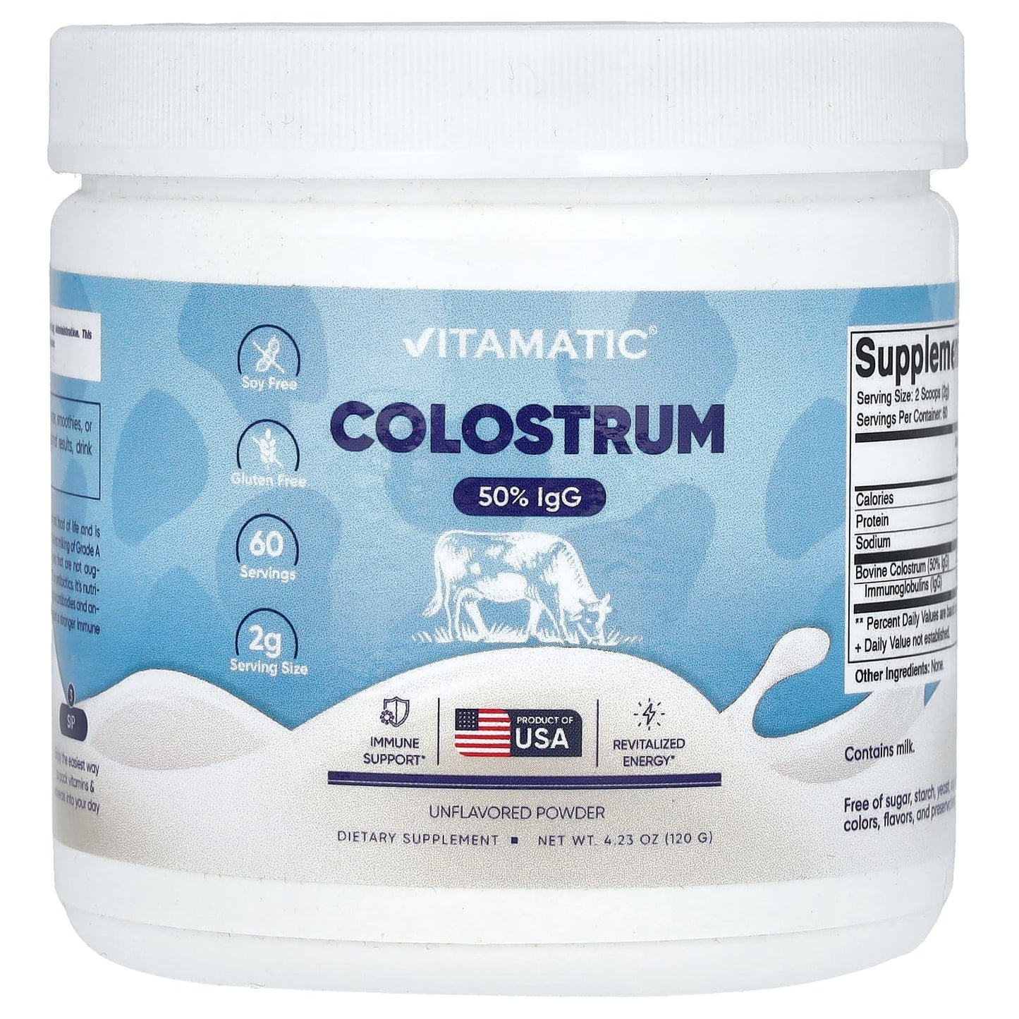 Vitamatic
Colostrum, Unflavored, 4.23 oz (120 g)