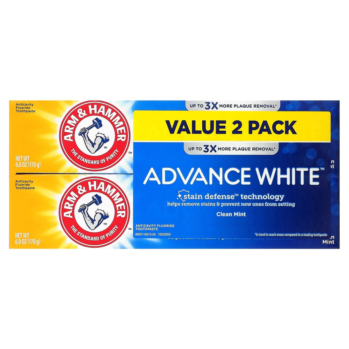 Arm & Hammer
Advance White, Anticavity Fluoride Toothpaste, Clean Mint, Twin Pack, 6 oz (170 g) Each