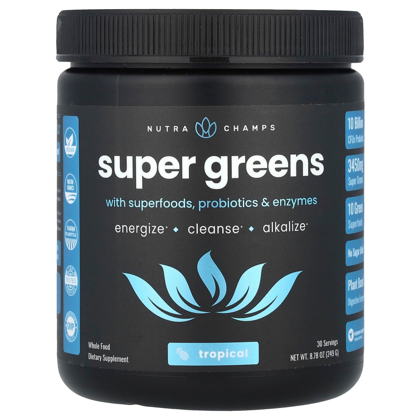 NutraChamps
Super Greens, With Superfoods, Probiotics & Enzymes, Tropical, 8.87 oz (249 g)