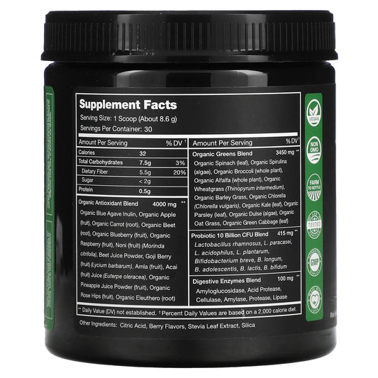 NutraChamps
Super Greens With Superfoods, Probiotics & Enzymes, Natural Berry, 9.1 oz (258 g)