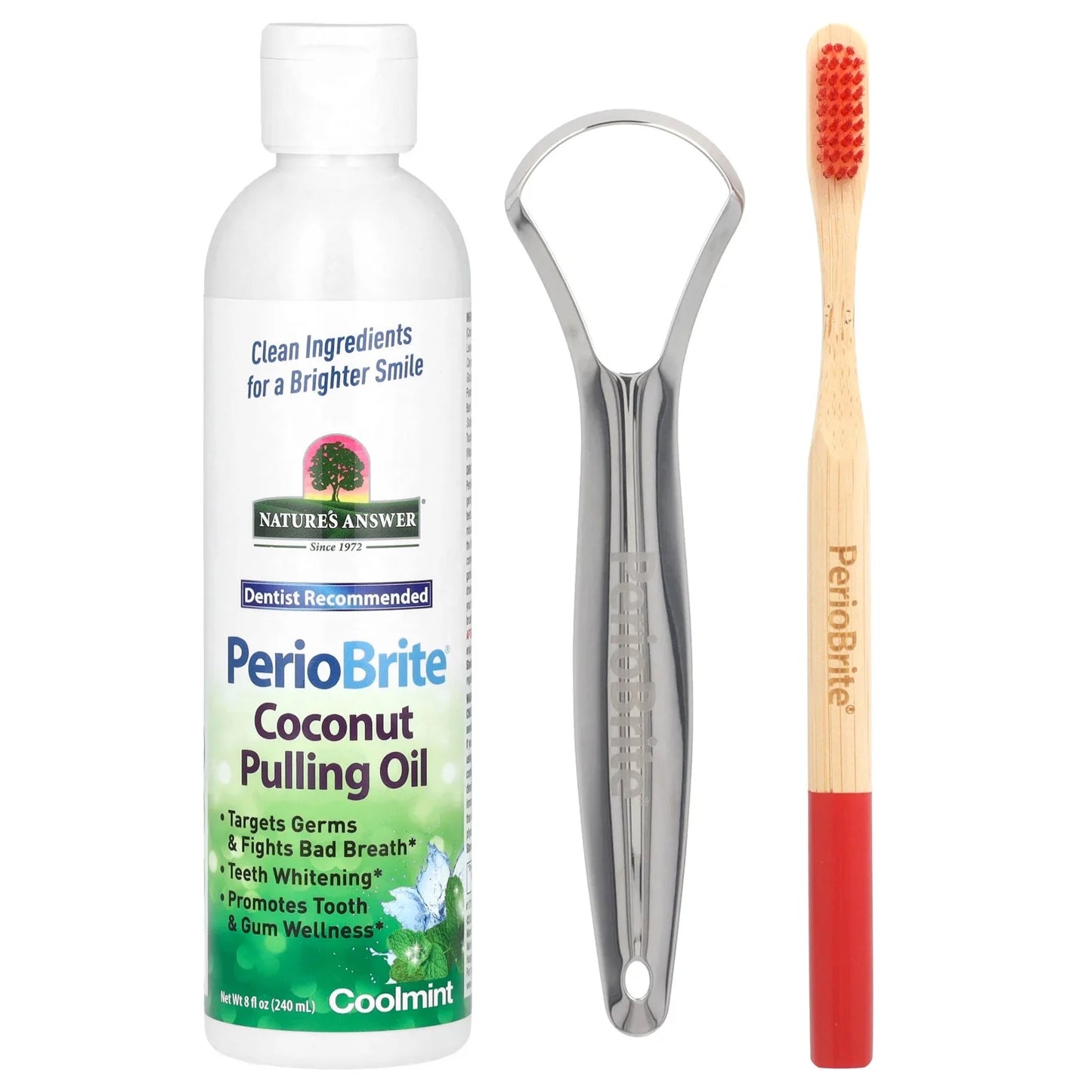 Nature's Answer
PerioBrite Coconut Pulling Oil with Toothbrush & Tongue Scraper, Coolmint, 8 fl oz (240 ml)