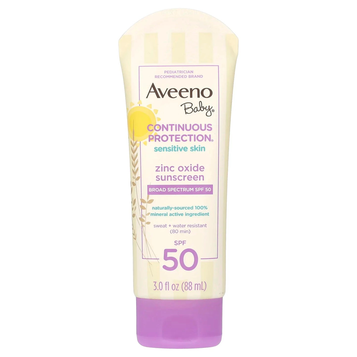 Aveeno
Baby, Zinc Oxide Sunscreen, SPF 50, Fragrance-Free, 3 fl oz (88 ml)