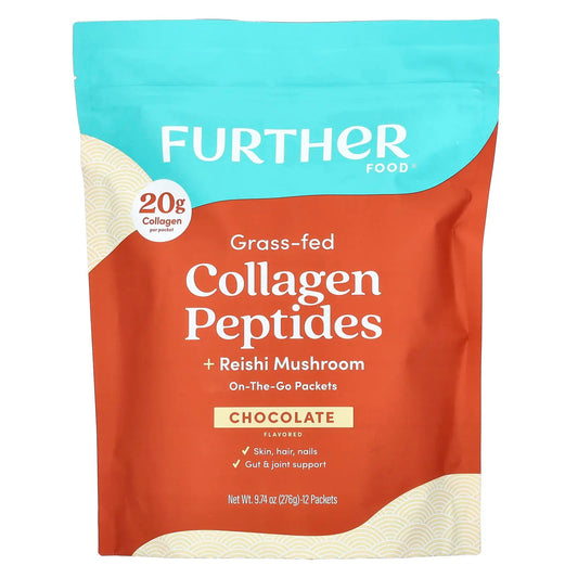 Further Food
Grass-Fed Collagen Peptides + Reishi Mushroom, Chocolate, 12 Packets, 0.81 oz (23 g) Each