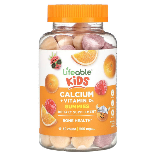 Lifeable
Kids Calcium + Vitamin D3 Gummies, Natural Fruit, 500 mg, 60 Gummies (250 mg per Gummy)