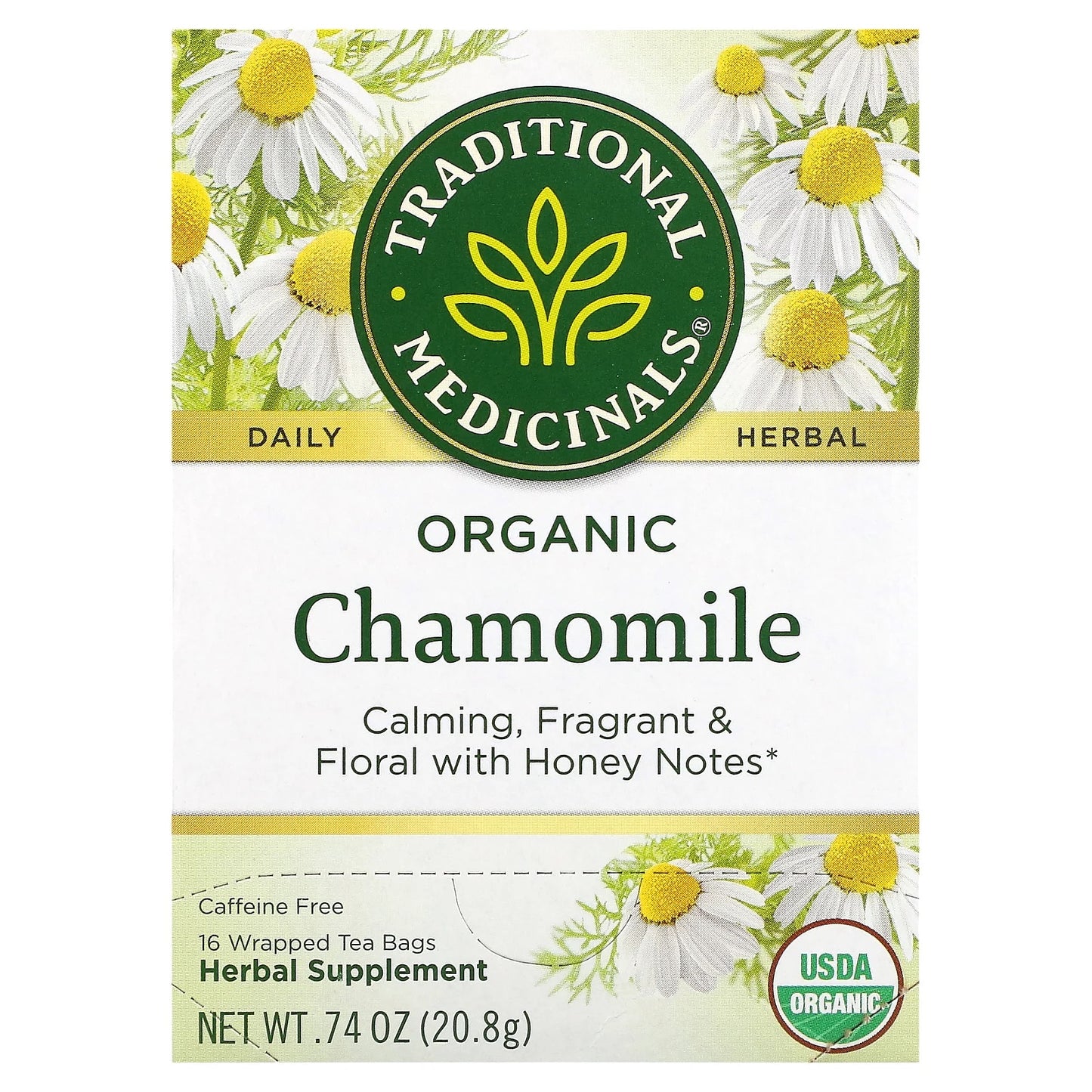 Traditional Medicinals
Organic Chamomile, Caffeine Free, 16 Wrapped Tea Bags, 0.74 oz (20.8 g)