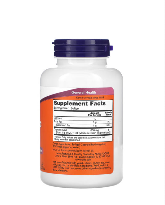 NOW CAPRYLIC ACID 600MG, 100 SOFTGELS