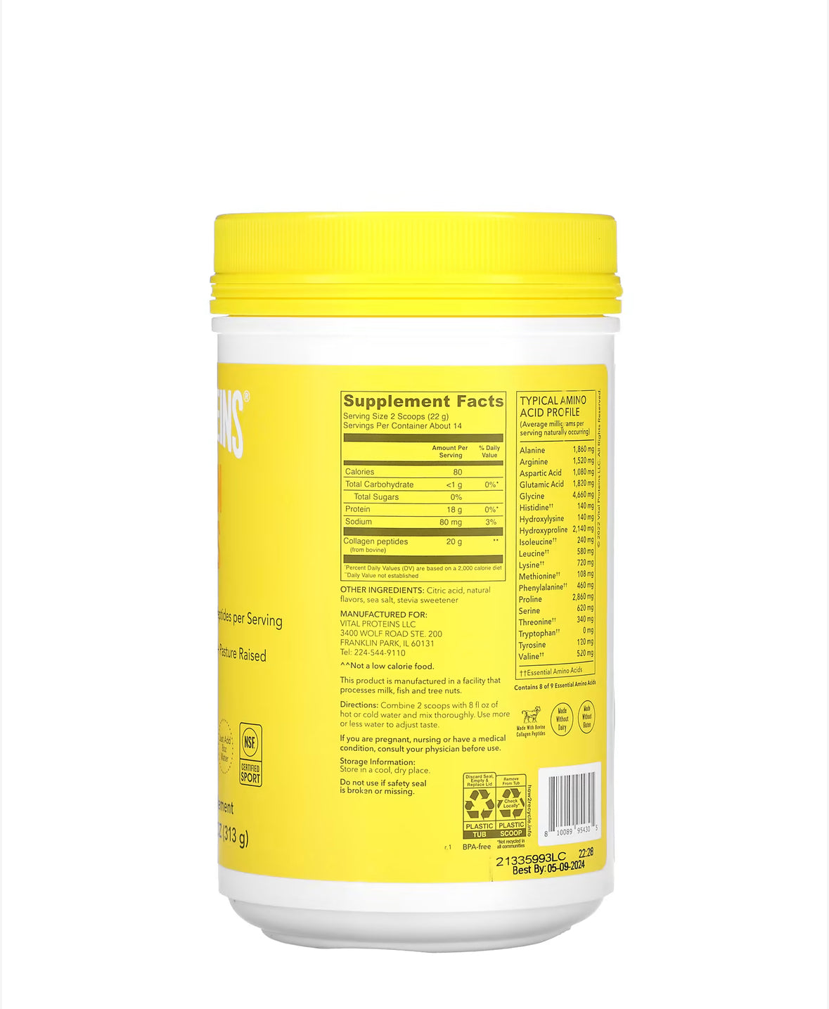 VITAL PROTEINS COLLAGEN PEPTIDES 752G, LEMON FLAVOUR