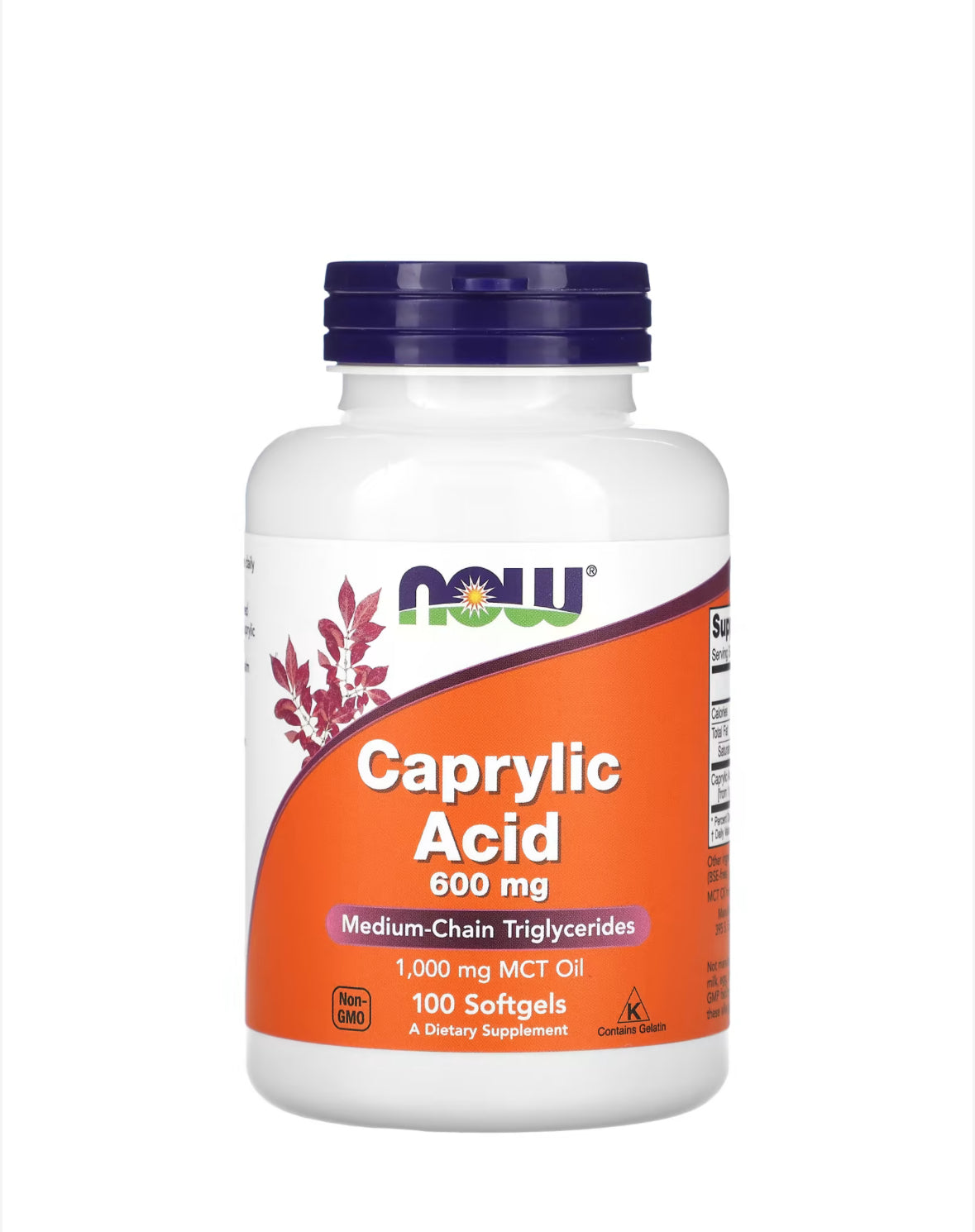 NOW CAPRYLIC ACID 600MG, 100 SOFTGELS