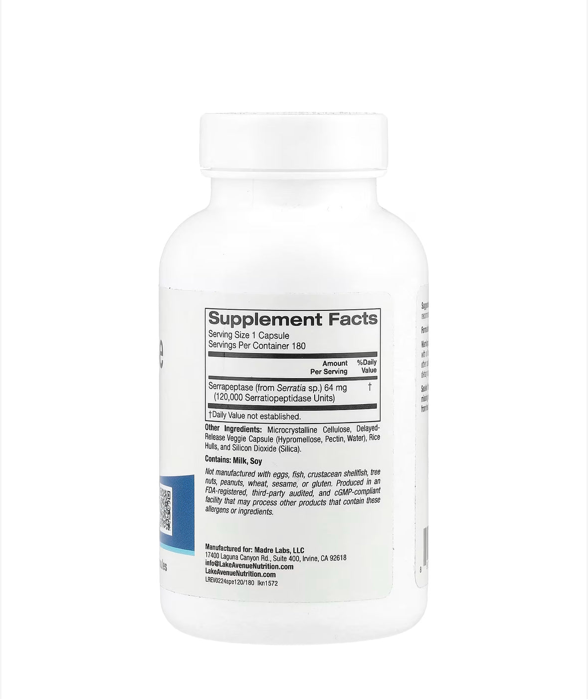 LAKE AVENUE NUTRITION SERRAPEPTASE, PROTEOLYTIC ENZYME, 120,000 SPU