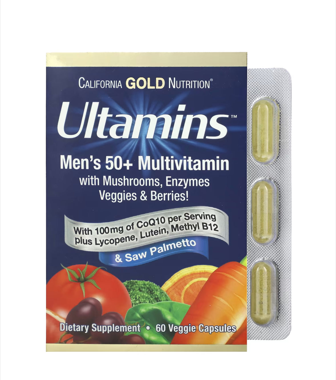 CALIFORNIA GOLD NUTRITION ULTAMINS MEN’S 50+ MULTIVITAMIN, 60 VEGGIE CAPSULES