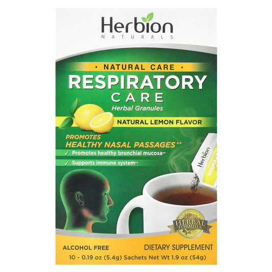 Herbion Naturals
Respiratory Care, Herbal Granules, Natural Lemon, 10 Sachets, 0.19 oz (5.4 g) Each