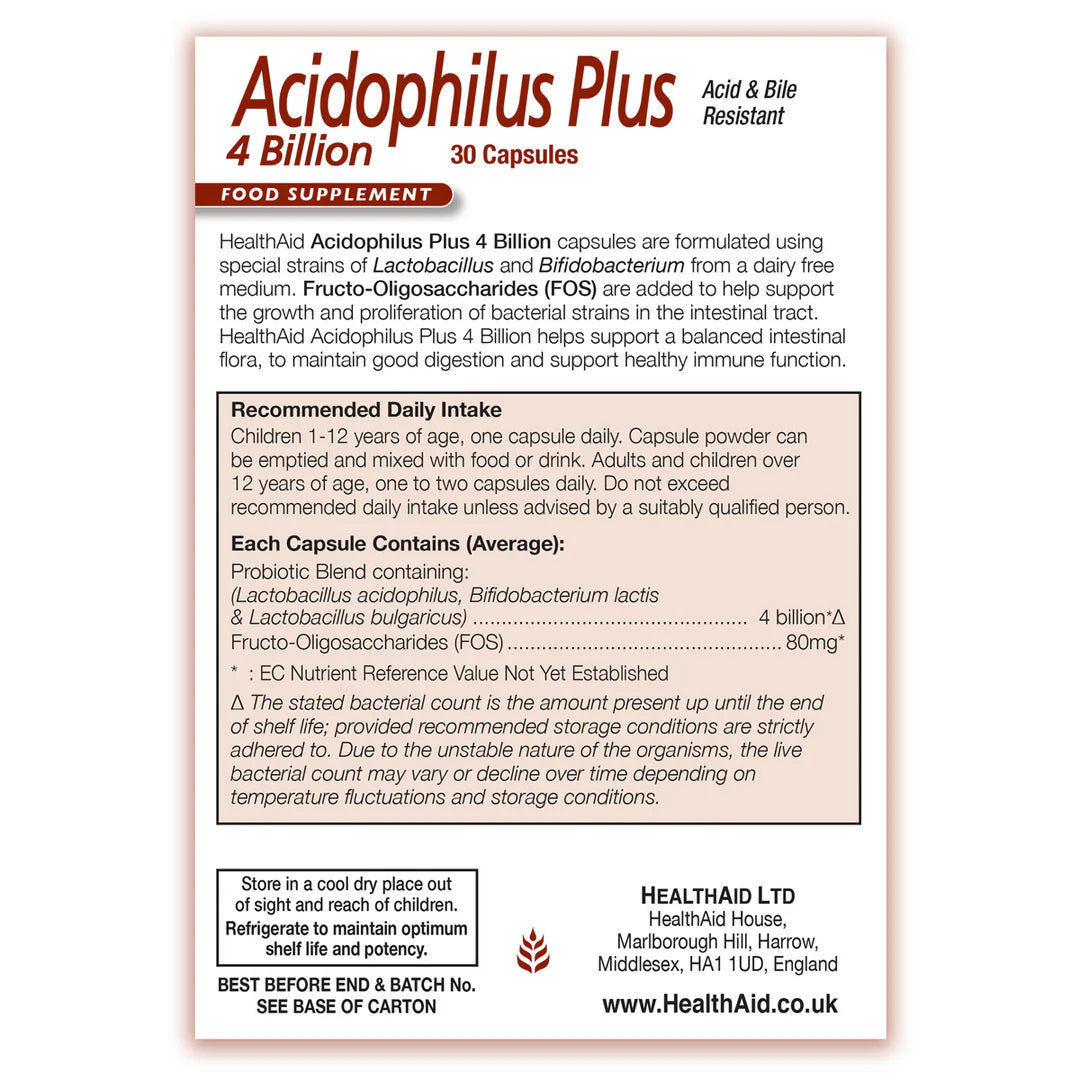 HEALTHAID ACIDOPHILUS PLUS 4 BILLION, 30 CAPSULES